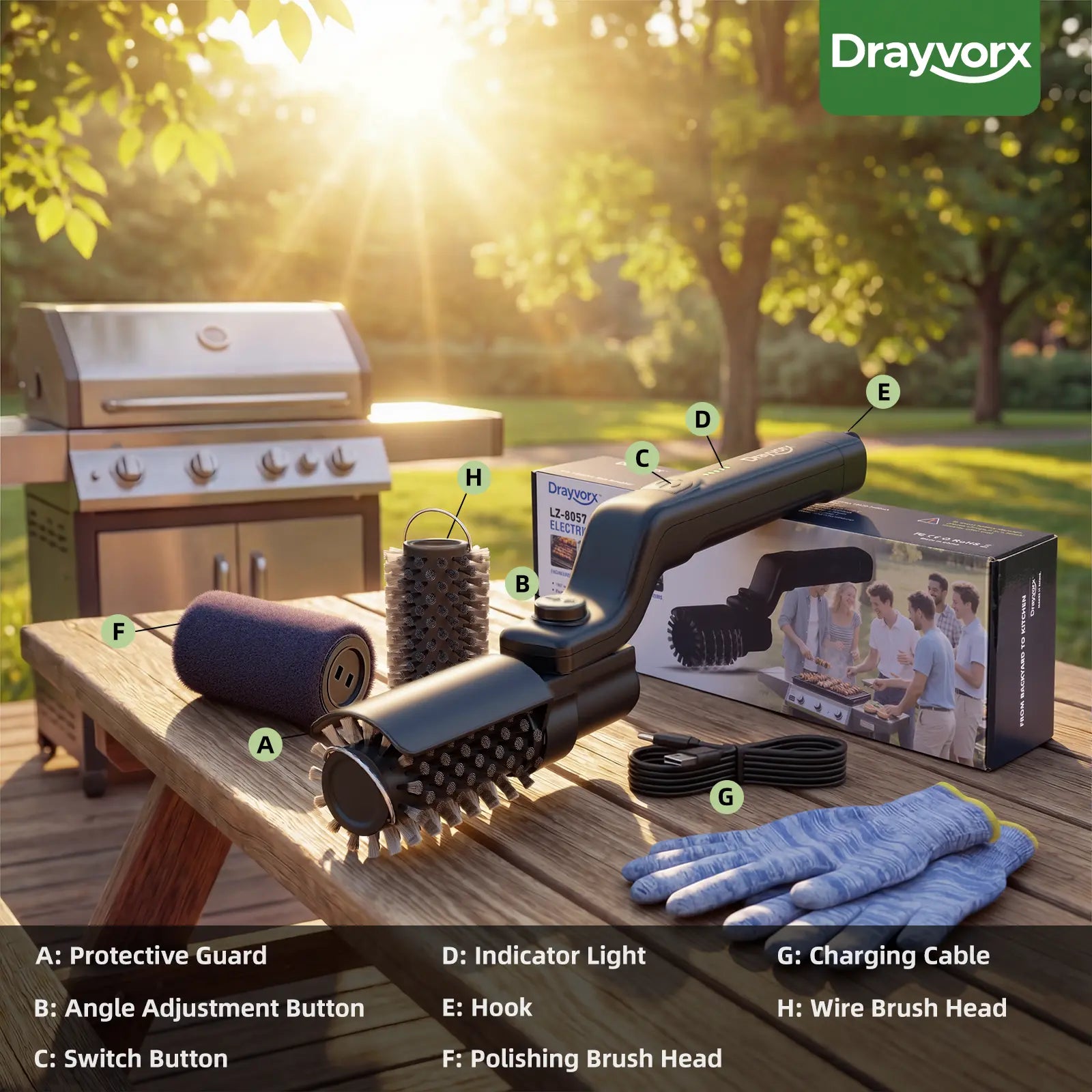 【Father'S Day Gift】Drayvorx Electric Grill Brush for Outdoor, 2026 Tiktok BBQ Grill Cleaner with 2 Heads, 3-Speed & Angle Adjust Cordless Rotary Grill Brush, 150Mins Runtime Grill Cleaning Brush for Barbecue Grates,Summerwins,Safe Bristle