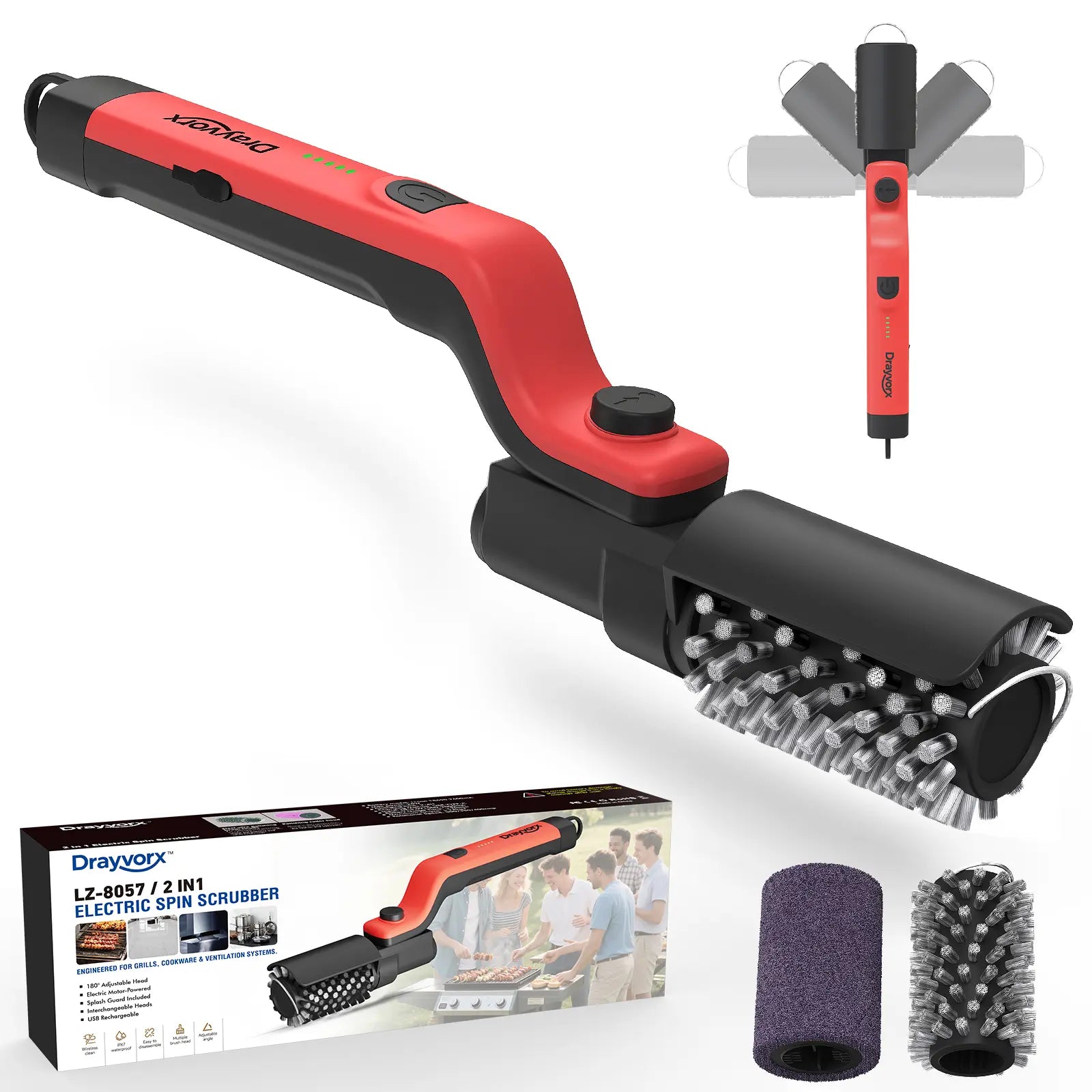 【Father'S Day Gift】Drayvorx Electric Grill Brush for Outdoor, 2026 Tiktok BBQ Grill Cleaner with 2 Heads, 3-Speed & Angle Adjust Cordless Rotary Grill Brush, 150Mins Runtime Grill Cleaning Brush for Barbecue Grates,Summerwins,Safe Bristle