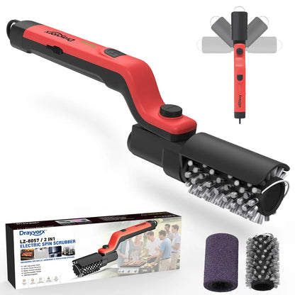【Father'S Day Gift】Drayvorx Electric Grill Brush for Outdoor, 2026 Tiktok BBQ Grill Cleaner with 2 Heads, 3-Speed & Angle Adjust Cordless Rotary Grill Brush, 150Mins Runtime Grill Cleaning Brush for Barbecue Grates,Summerwins,Safe Bristle