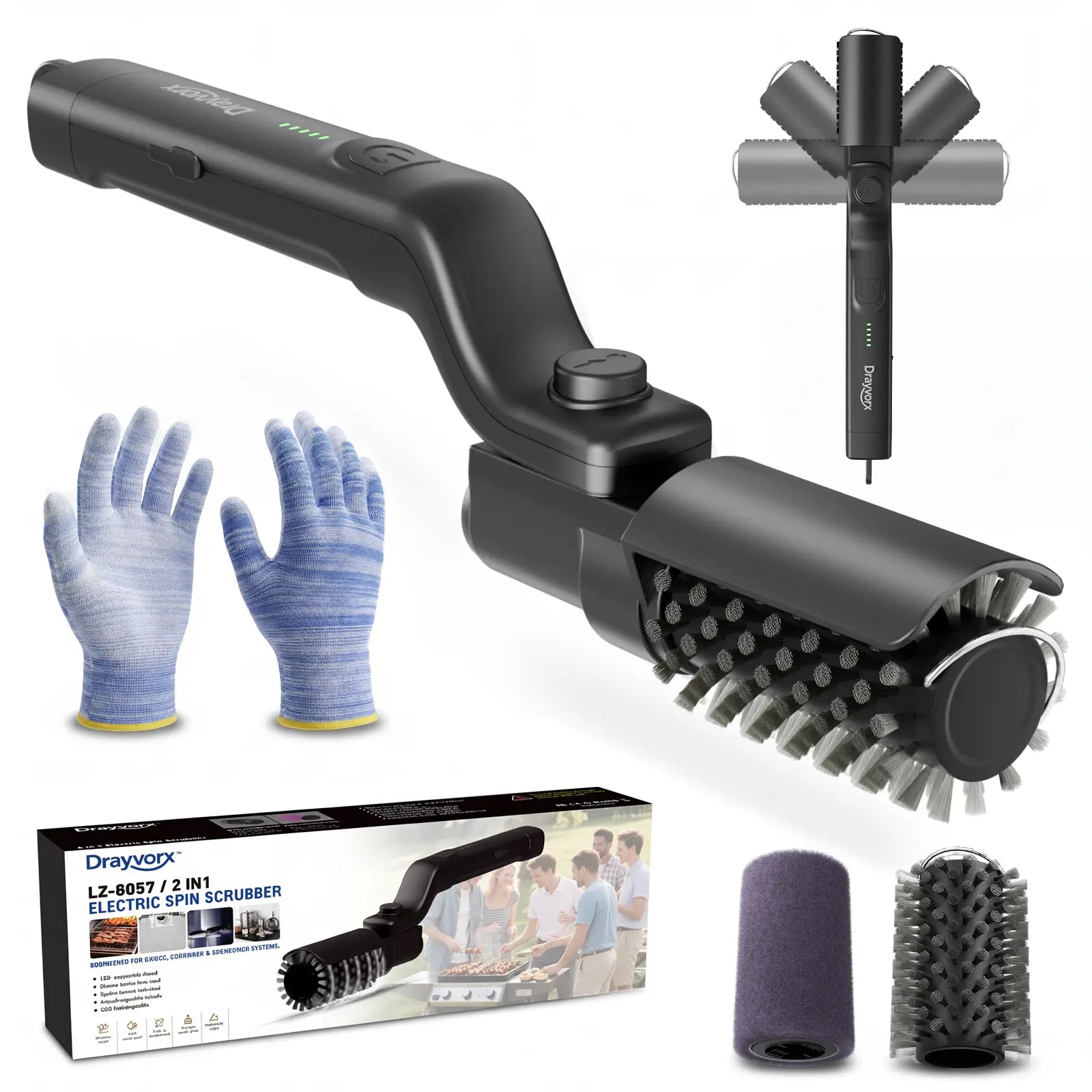 【Father'S Day Gift】Drayvorx Electric Grill Brush for Outdoor, 2026 Tiktok BBQ Grill Cleaner with 2 Heads, 3-Speed & Angle Adjust Cordless Rotary Grill Brush, 150Mins Runtime Grill Cleaning Brush for Barbecue Grates,Summerwins,Safe Bristle