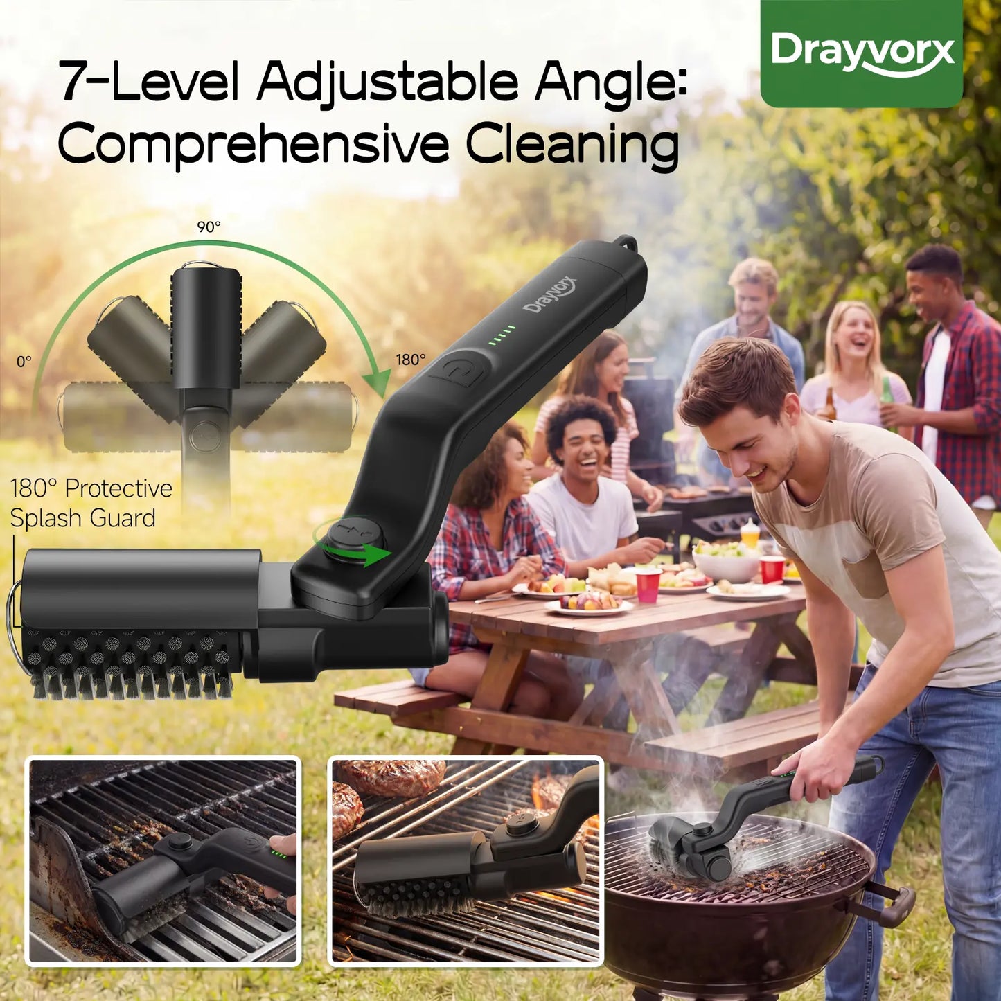 【Father'S Day Gift】Drayvorx Electric Grill Brush for Outdoor, 2026 Tiktok BBQ Grill Cleaner with 2 Heads, 3-Speed & Angle Adjust Cordless Rotary Grill Brush, 150Mins Runtime Grill Cleaning Brush for Barbecue Grates,Summerwins,Safe Bristle